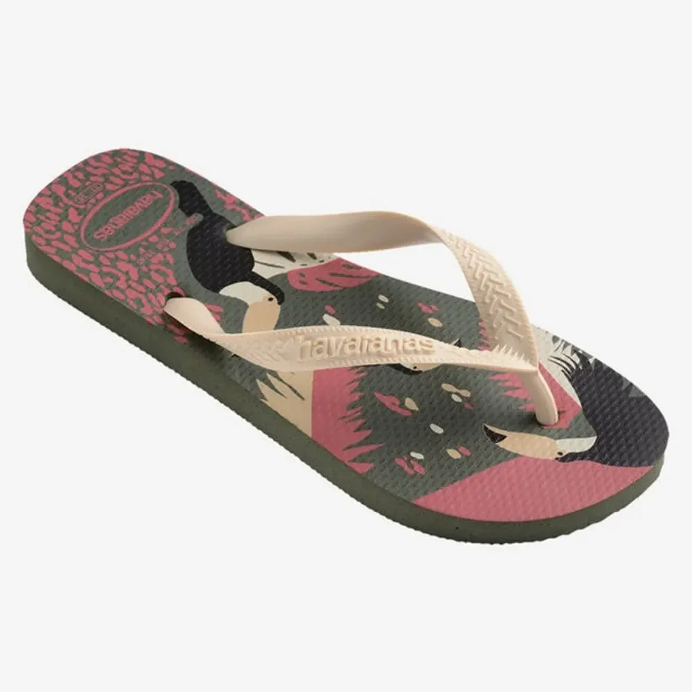Havaianas Kids Top Tropical Vibes Olive Green Toucan Flip Flops 3/4Y NWT